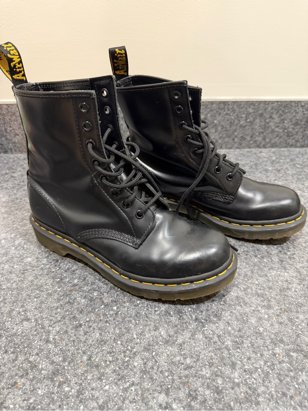 Dr. Martens Black Leather 8-Eye Lace-Up Boots with Yellow Stitching